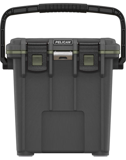 Pelican™ Elite 20qt Cooler in gunmetal grey with army green gasket and black top carry handle and clip closures, front view