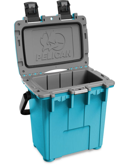 Pelican™ Elite 20qt Cooler in cool blue open to show grey interior