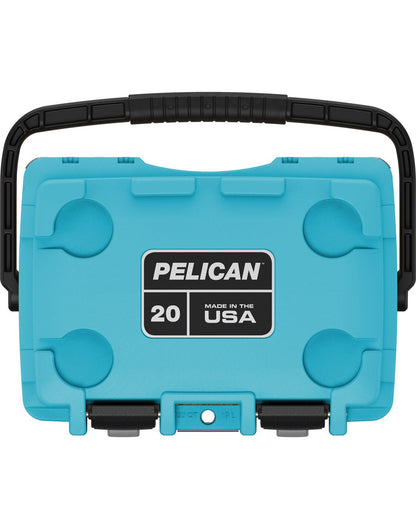 Pelican™ Elite 20qt Cooler in cool blue, top view showing black carry handle and clip closures, two cup holders on top and Pelican logo plate in centre of lid