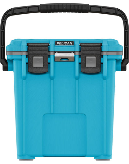 Pelican™ Elite 20qt Cooler in cool blue with grey gasket and black top carry handle and clip closures, front view