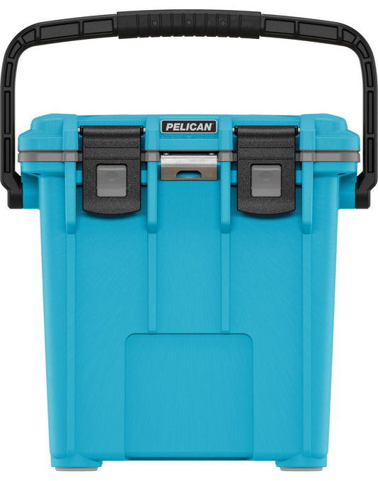 Product Image – Pelican™ Elite 20qt Cooler in cool blue with grey gasket and black top carry handle and clip closures, front view