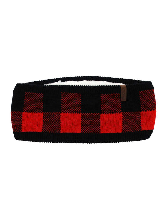 Product Image – Pudus headband in lumberjack red and black check with black border and white sherpa lining