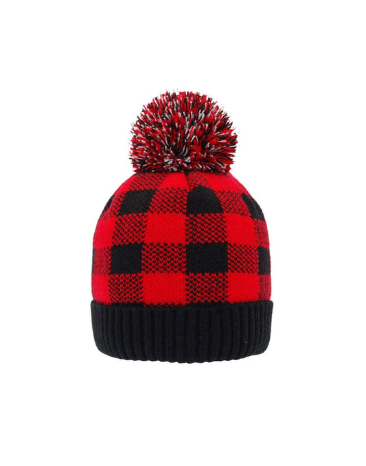 Product Image – Pudus Pom Pom Hat in Lumberjack red and black check with black folded cuff and red, white and black yarn pom pom on top