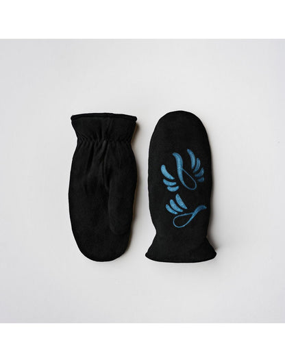 Raber Women's Snowbird Mitten, black with blue embroidered snowbirds, one mitten shown palm up, the other palm down