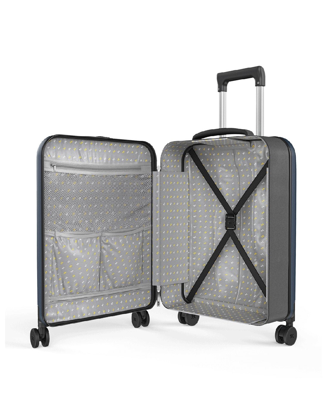 Rollink Flex 360° Carry-On opened to interior with pockets and tie down straps