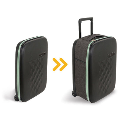 Rollink Flex Earth 20" Carry-On shown folded and open, black hard front, soft charcoal grey sides and top carry handle, and light green zipper