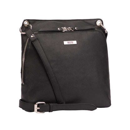 Roots Front Zip Crossbody, black, front angled view