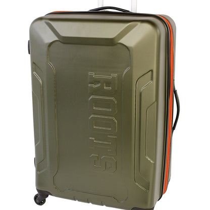 Roots Jasper 28" Hardside Expandable Spinner, olive with embossed Roots name on front and orange zipper, front angled view