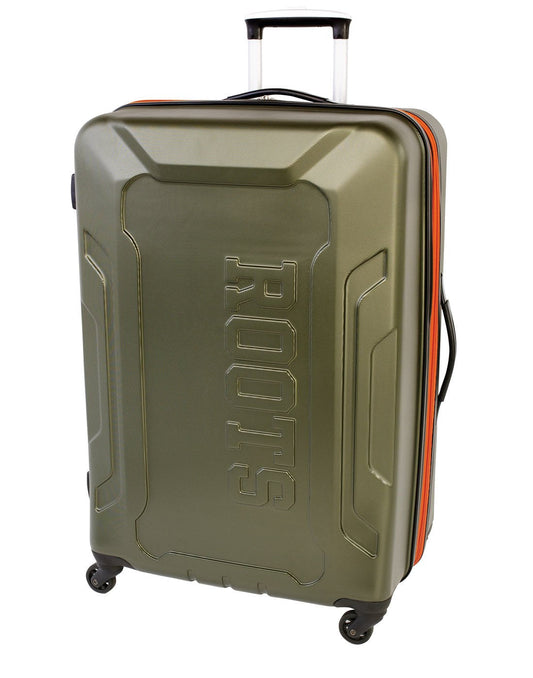 Product Image – Roots Jasper 28" Hardside Expandable Spinner, olive with embossed Roots name on front and orange zipper, front angled view