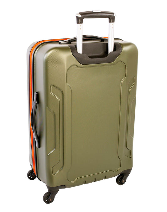 Product Image – Roots Jasper 28" Hardside Expandable Spinner, olive with orange zipper, back angled view