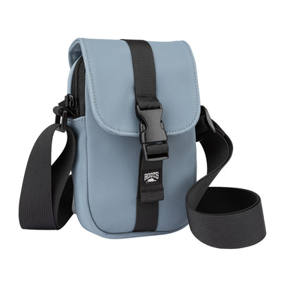 Roots Juan Cell Phone Crossbody, slate blue colour with black straps and zipper, front view