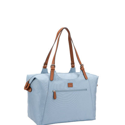 Roots Large Satchel, light blue with light brown faux leather straps and zipper pulls, front angled view