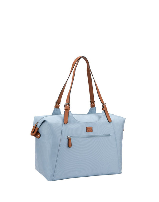 Product Image – Roots Large Satchel, light blue with light brown faux leather straps and zipper pulls, front angled view