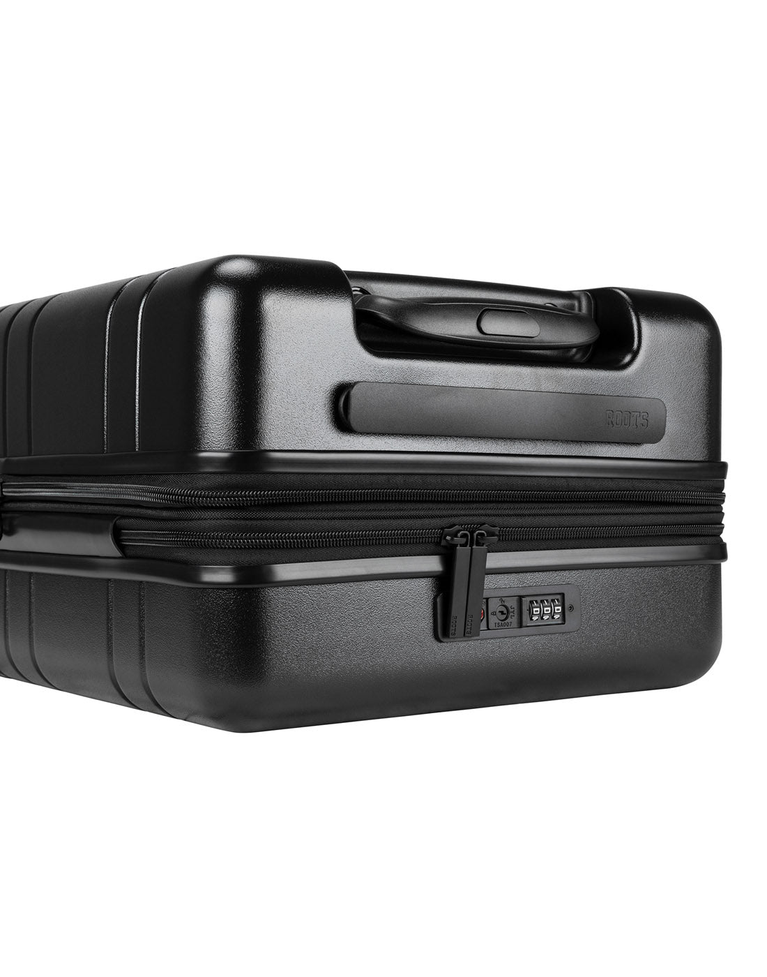 Roots Travel 19" Hardside Spinner Carry-on in black, close-up view of self repairing zippers and integrated TSA lock.