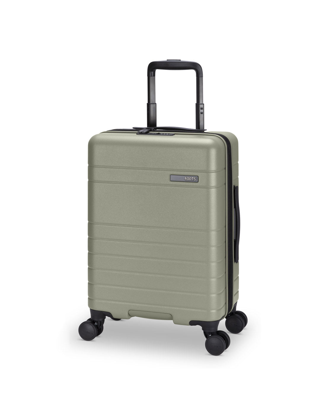 Roots Travel 19" Hardside Spinner Carry-on in sage, front angle view.