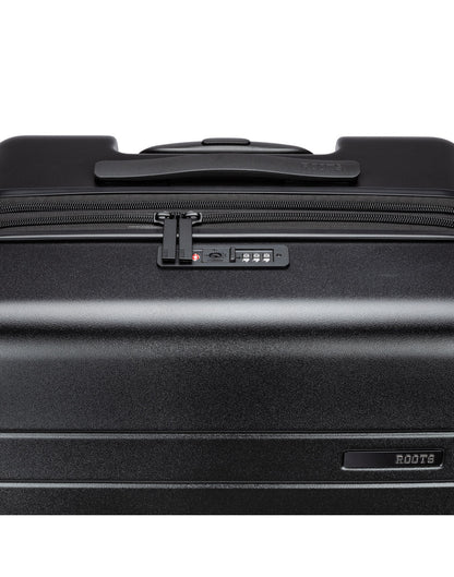 Roots Travel 24" Expandable Hardside Spinner in black, close-up view of integrated TSA lock and self repairing zipper.