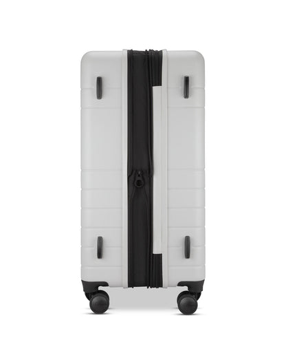 Roots Travel 28" Expandable Hardside Spinner in antarctica, expanded side view.