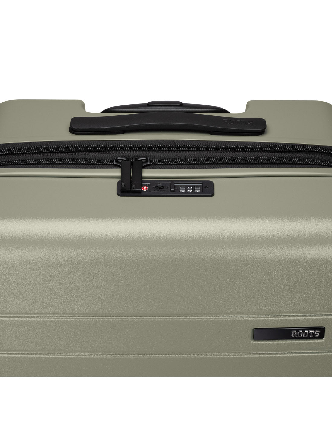 Roots Travel 28" Expandable Hardside Spinner in sage, close-up view of integrated TSA lock and self repairing zipper.