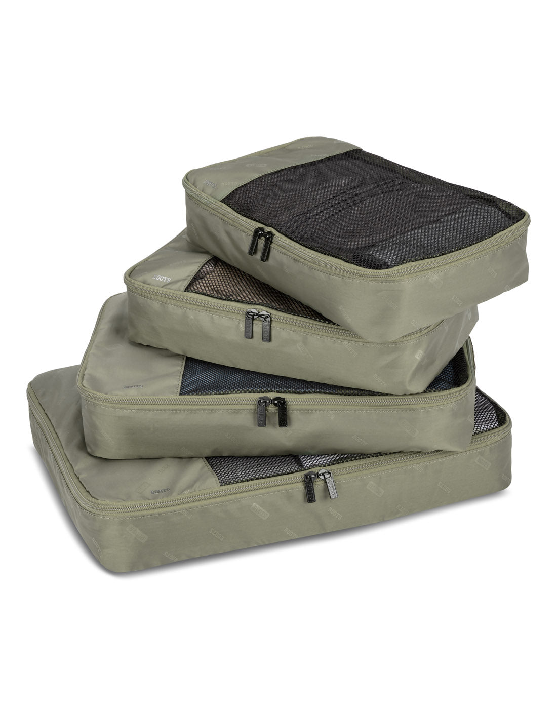 Front view of Roots Travel 5pc Packing Cube Set in sage, stacked on top of each other at an angle.