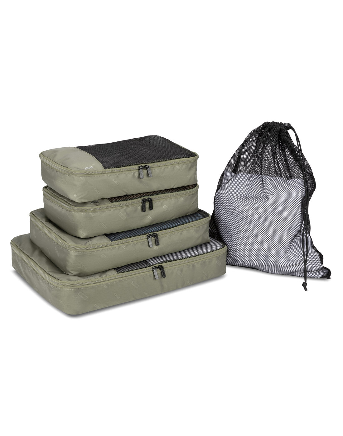 Roots Travel 5pc Packing Cube Set in sage with mesh laundry bag, front angle view.