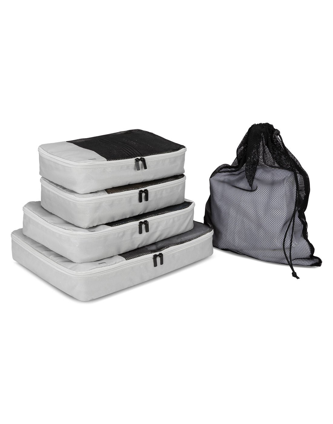 Roots Travel 5pc Packing Cube Set in antarctica with mesh laundry bag, front angle view.