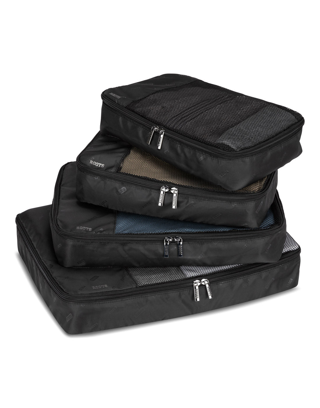 Front view of Roots Travel 5pc Packing Cube Set in black, stacked on top of each other at an angle.