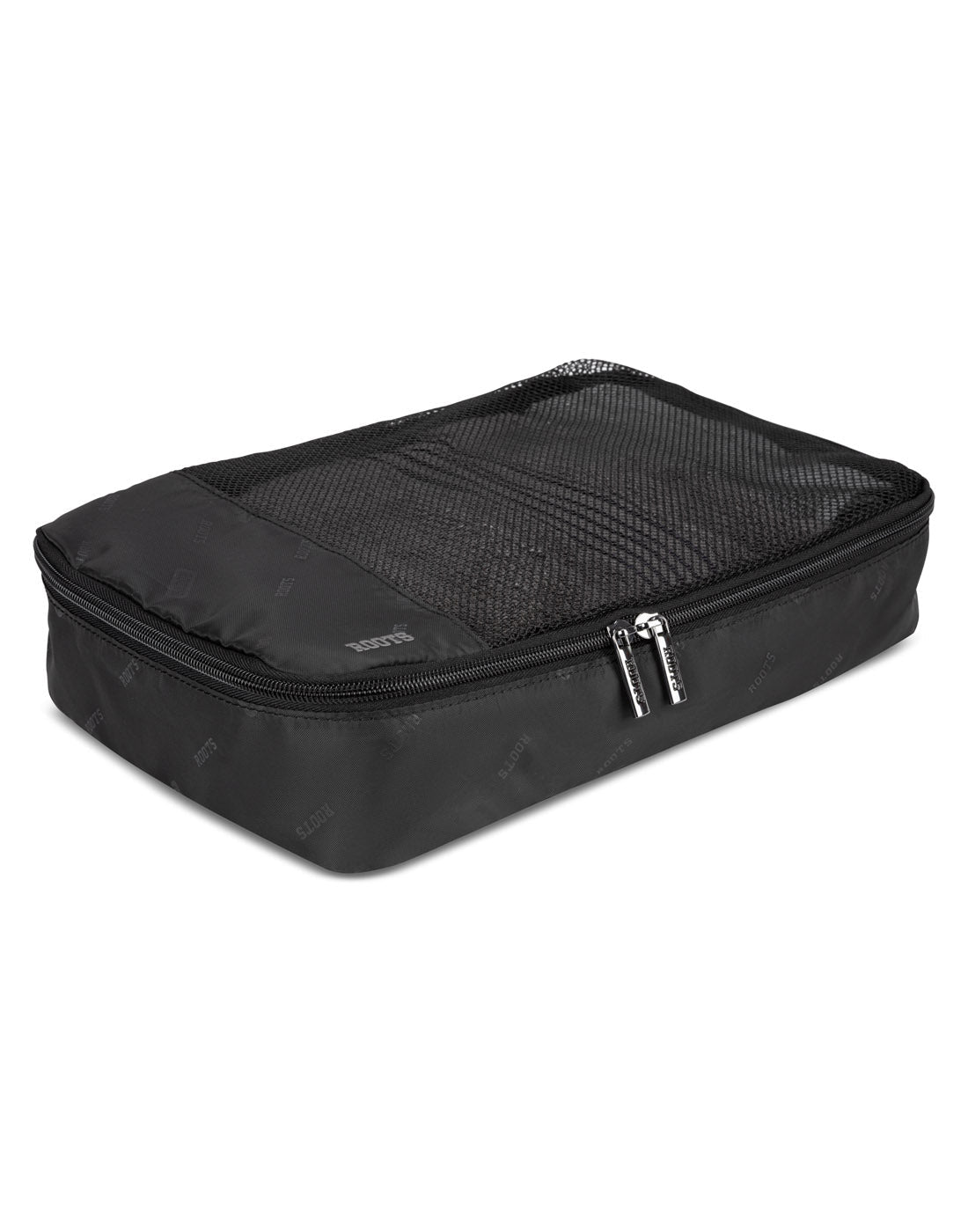 Roots Travel 5pc Packing Cube Set in black, close-up view of zipper.