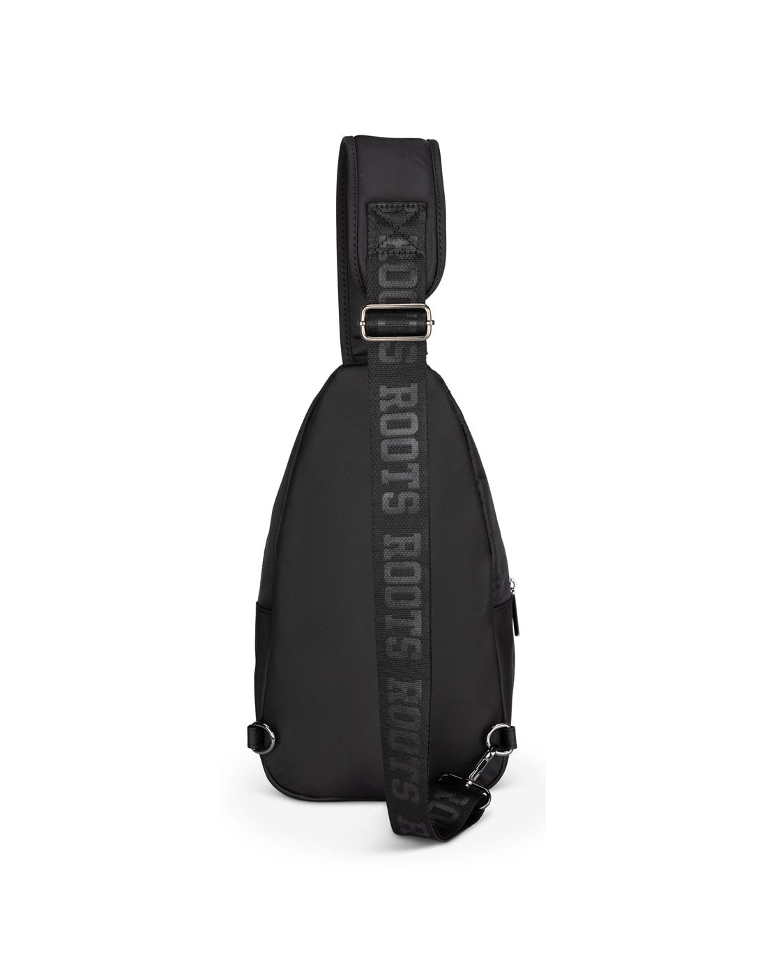 Roots Travel Sling Bag in black, back view.