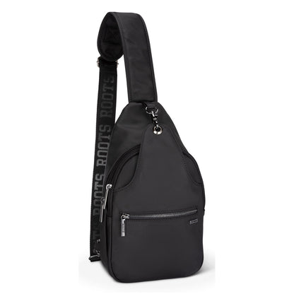 Roots Travel Sling Bag in black, front angle view.