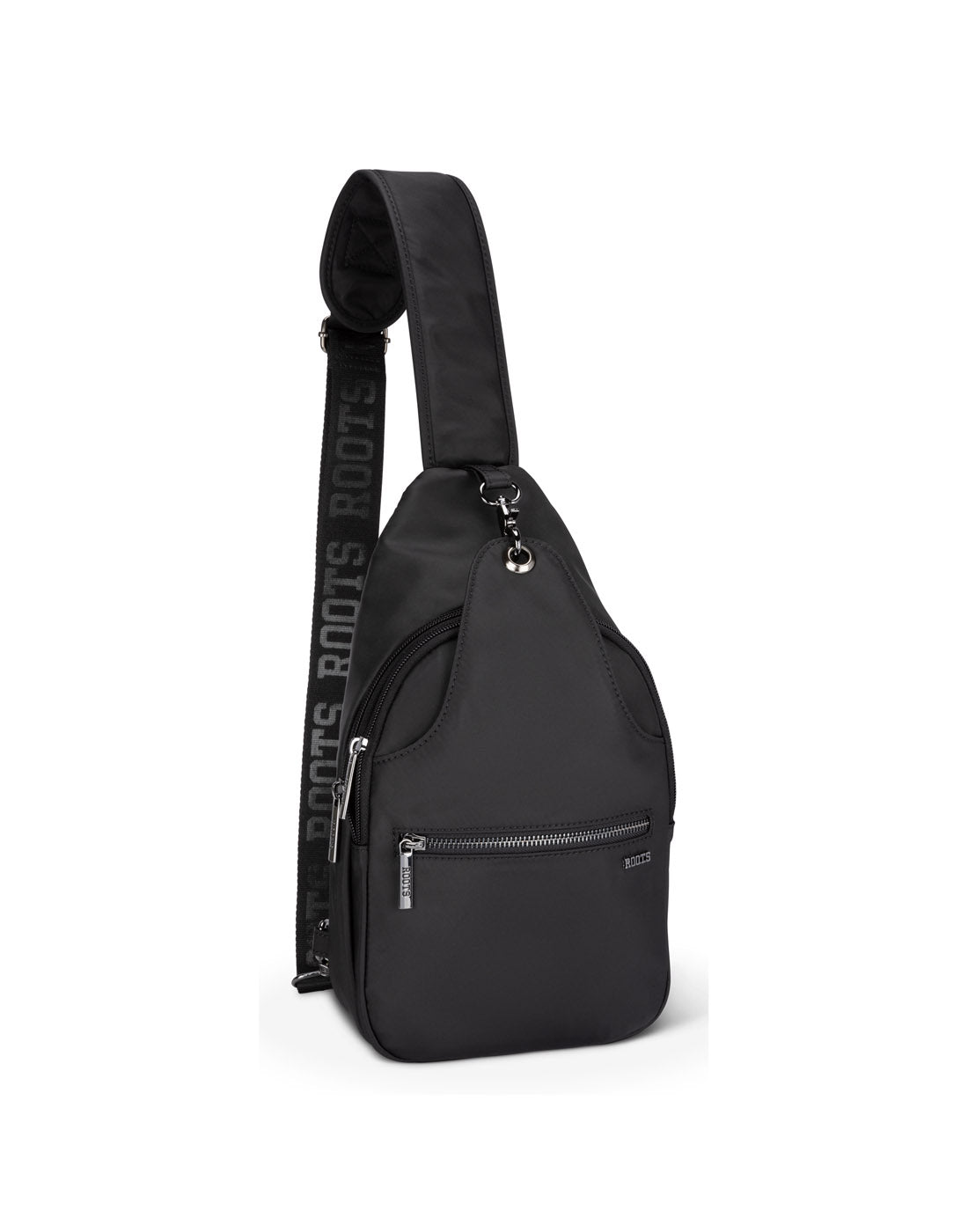 Roots Travel Sling Bag in black, front angle view.