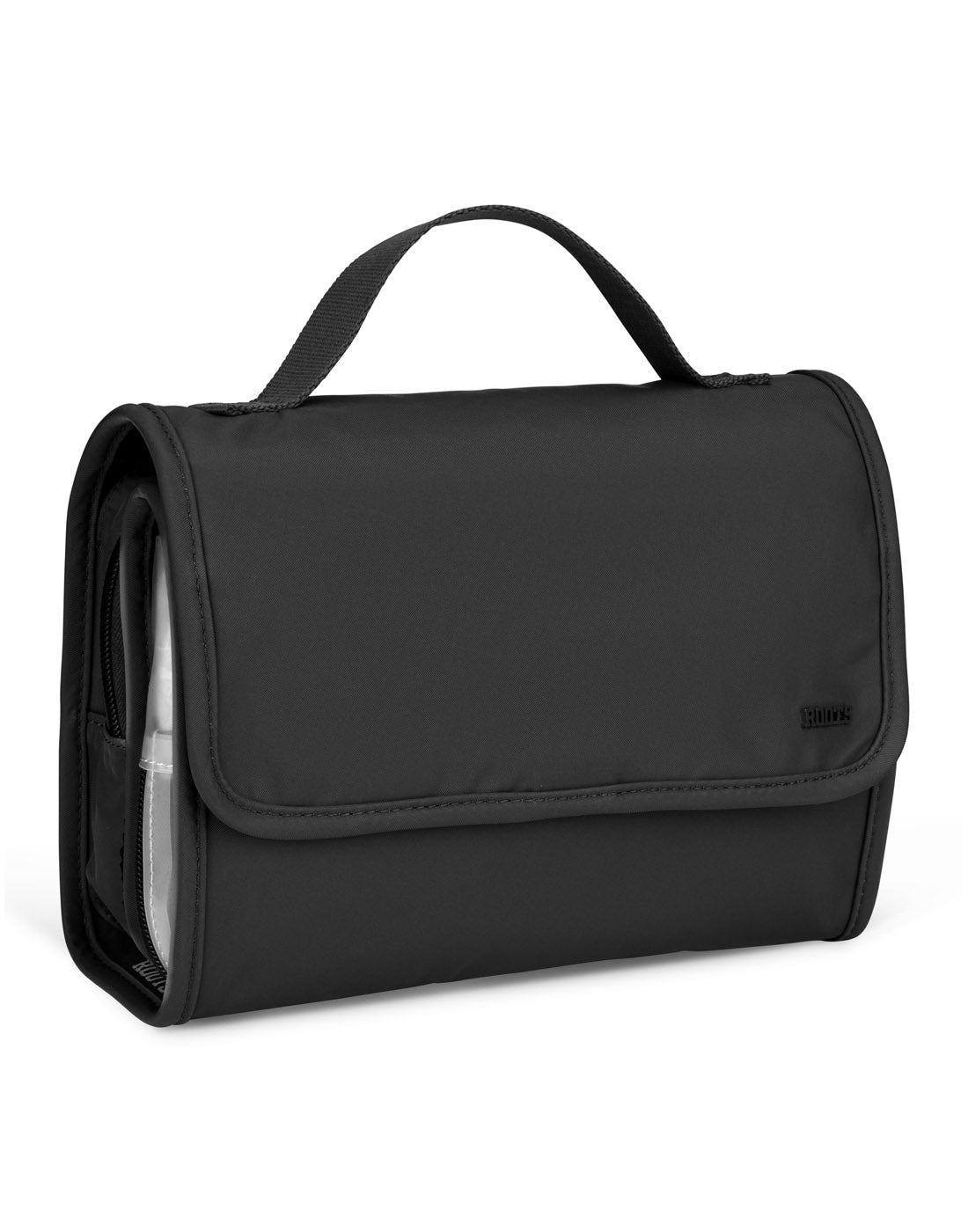 Roots Travel Toiletry Bag in black, front angle view.