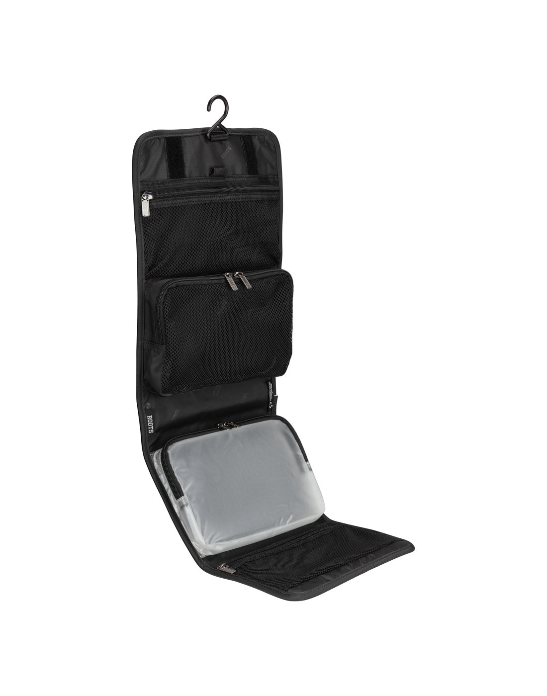 Angled view of Roots Travel Toiletry Bag in black, unfolded to show interior pockets.