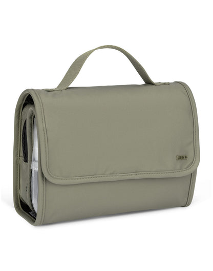 Roots Travel Toiletry Bag in sage, front angle view.