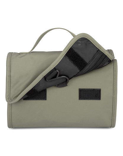 Roots Travel Toiletry Bag in sage, close-up view of double velcro closure.