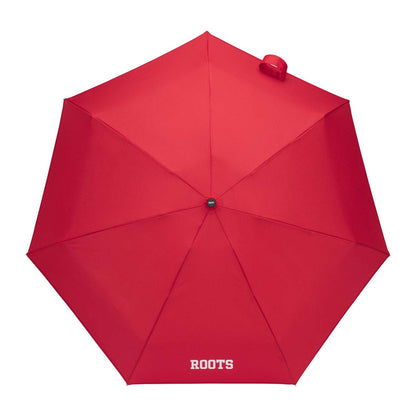 Roots Ultra Light Mini Umbrella, red, open top view with white Roots name logo on one panel