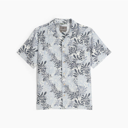 Royal Robbins Men's Comino Leaf Short Sleeve, white with grey and light blue floral pattern, front view