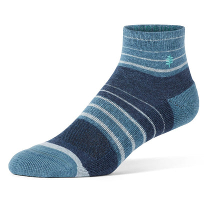 Royal Robbins Unisex Treetech Quarter Pattern Sock in Collins Blue, with stripes of three shades of blue