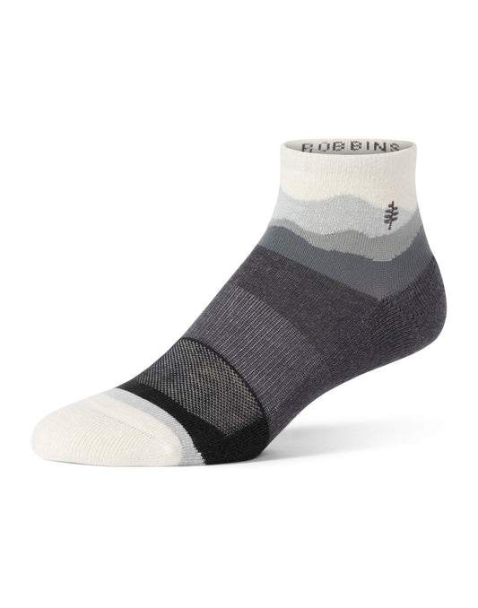 Product Image – Royal Robbins Unisex Treetech Quarter Pattern Sock in jet black, with shades of grey and white toe