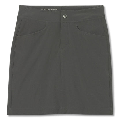 Royal Robbins Women's Alpine Mountain Pro Skort in asphalt grey colour, front view with button closure and front two pockets