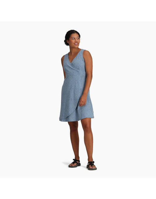 Product Image – Woman wearing Royal Robbins Women's Featherweight Knit Dress in sea niserne print, blue colour with black sandals, front view