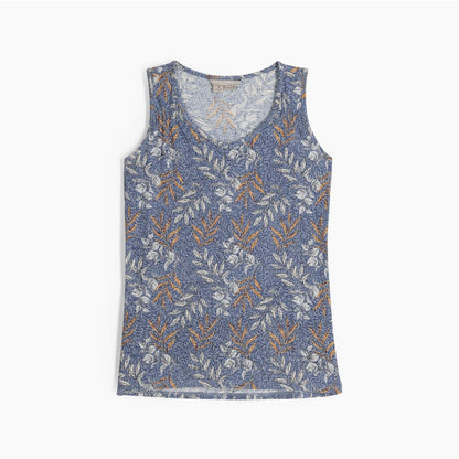 Royal Robbins Women's Featherweight Tank in chicory blue usla print, blue with beige and brown floral pattern, front view