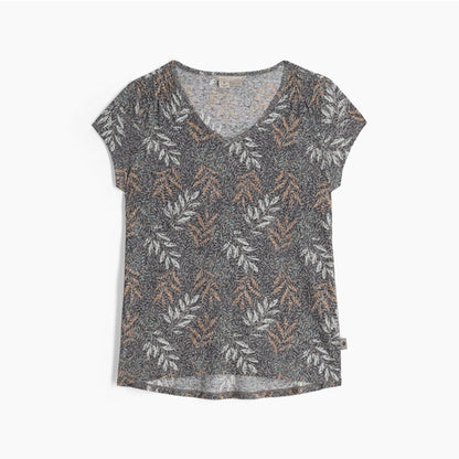 Royal Robbins Women's Featherweight Tee in turbulence usla print, grey with beige and brown floral print, front view