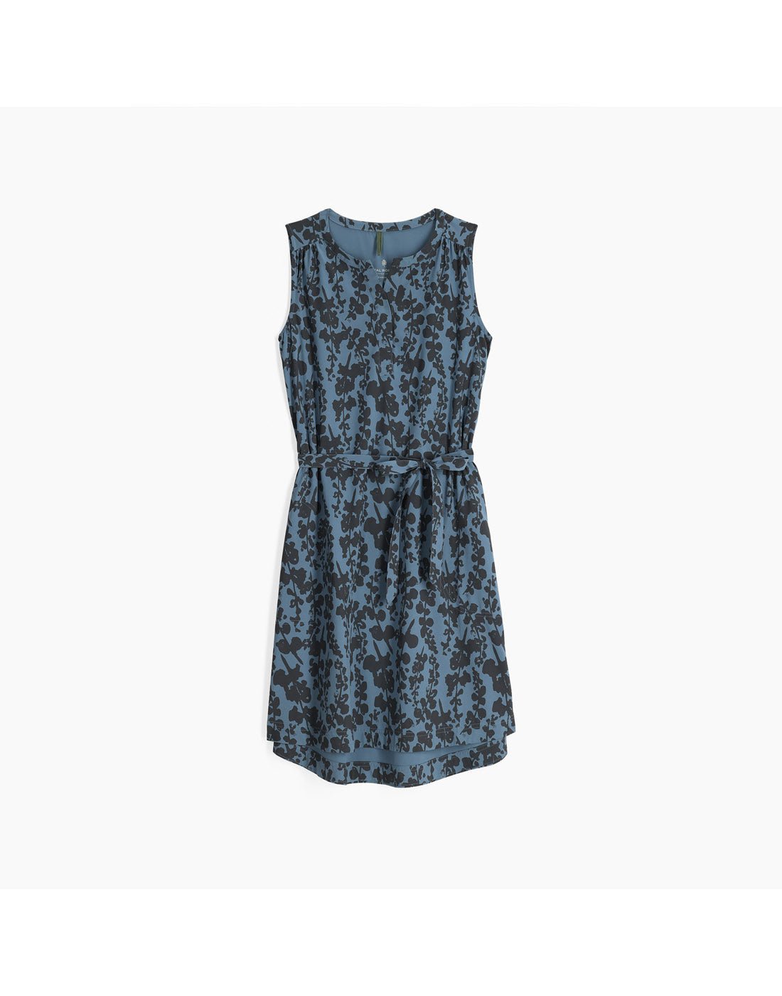 Royal Robbins Women's Spotless Traveller Tank Dress in sea alamere print, grey on blue floral, front view