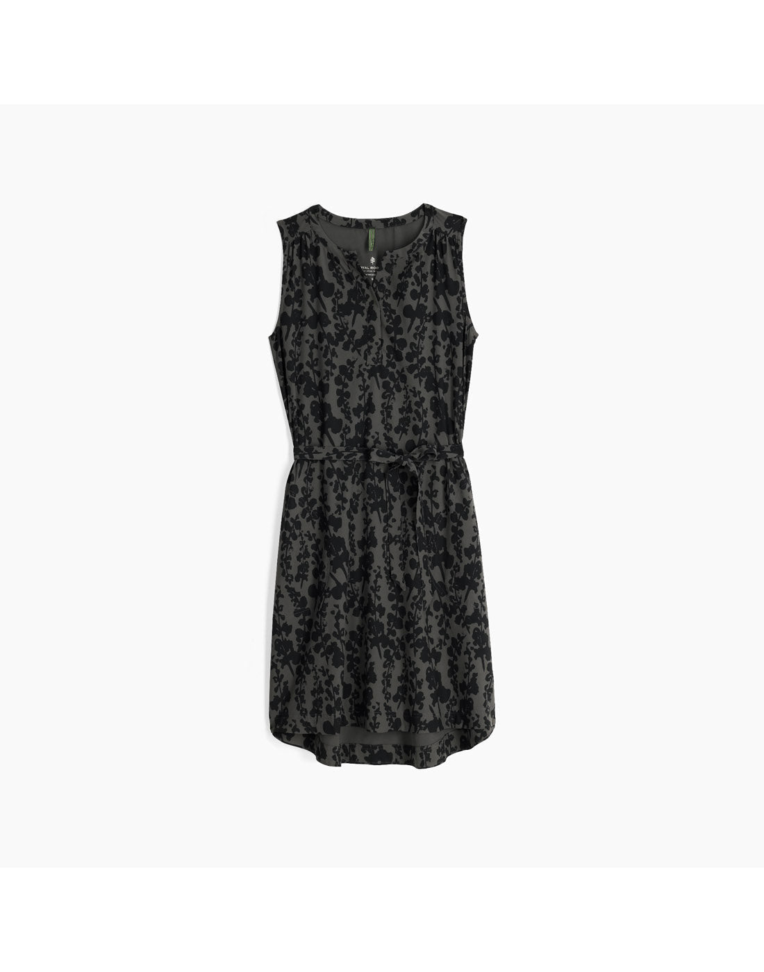 Royal Robbins Women's Spotless Traveller Tank Dress in asphalt alamere print, black on black floral, front view