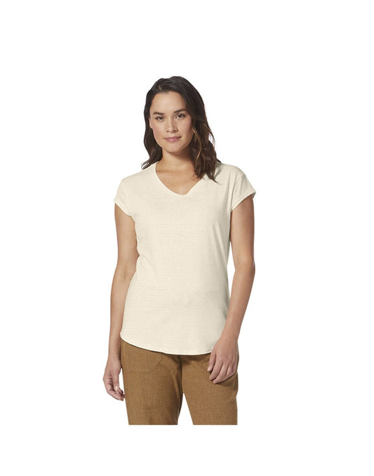 Product Image – Top half of woman wearing Royal Robbins Women's Vacationer V-Neck Short Sleeve in undyed, off-white colour with brown pants, front view