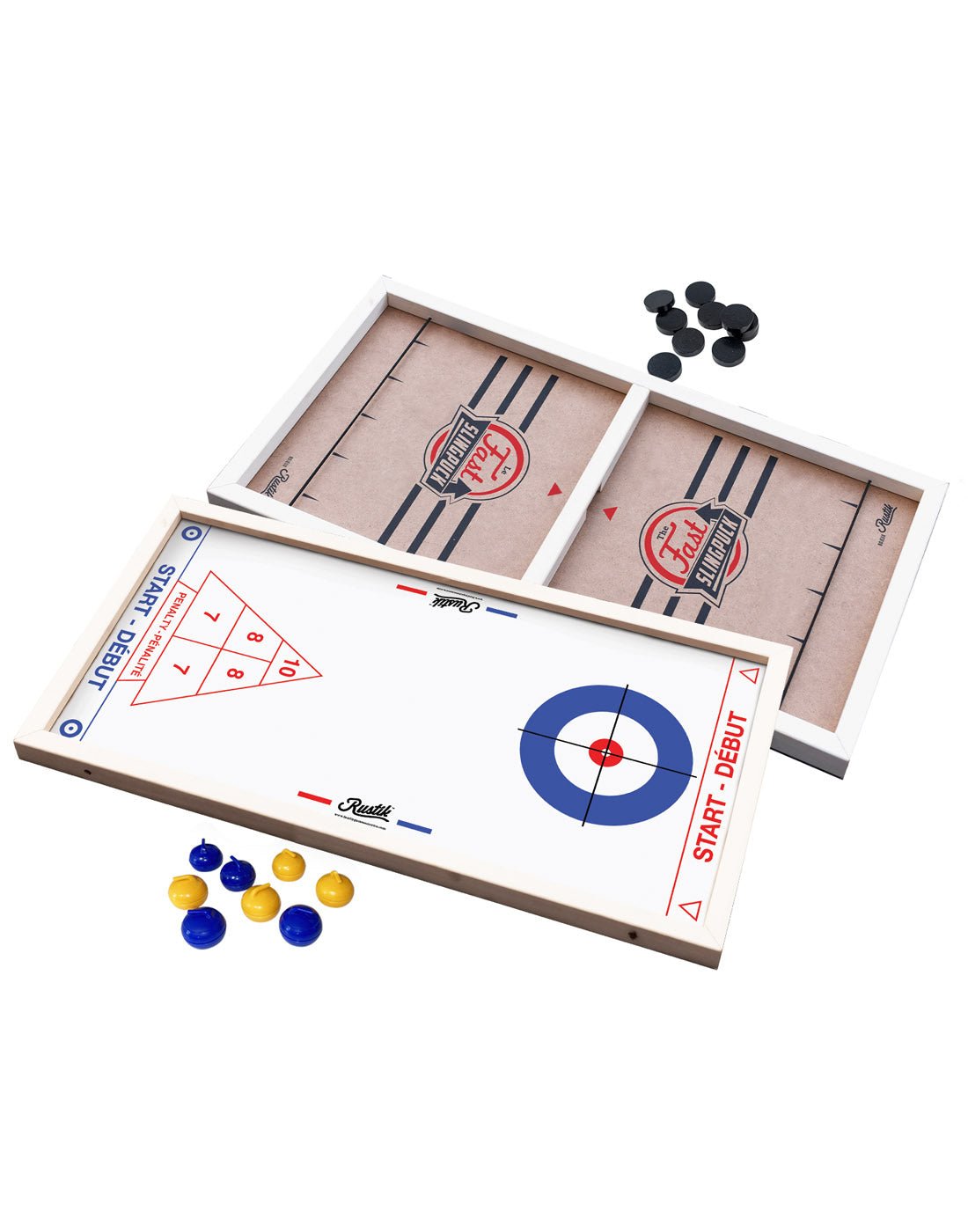 Rustik 3-in-1 Sling Puck/Curling/Shuffleboard Game front and back of game board with moving pieces beside each board