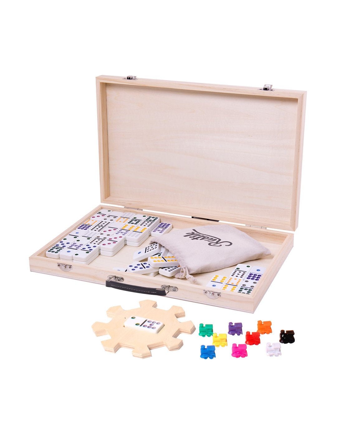 Rustik Classic Mexican Train Game components in a wooden box, open view