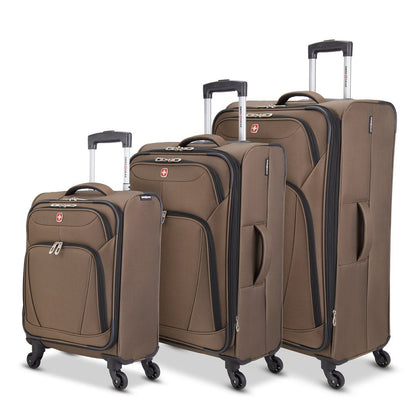 Swiss Gear Beaumont Lite 3-Piece Spinner Luggage Set, softsided in mocha brown with black trim