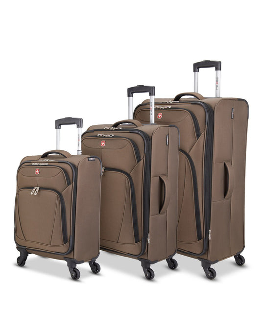 Product Image – Swiss Gear Beaumont Lite 3-Piece Spinner Luggage Set, softsided in mocha brown with black trim