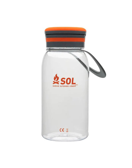 Product Image – SOL Venture Solar Water Bottle Lantern, clear with grey and orange lid, front view